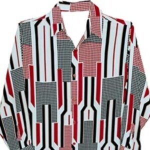 Mens Bright Red White Geometric 70s Style Shirt 2X/3X NOS